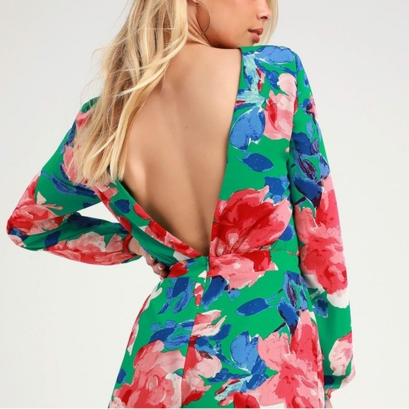 Lulu's Sweetest Song Green Floral Print Backless Romper - Picture 2 of 7